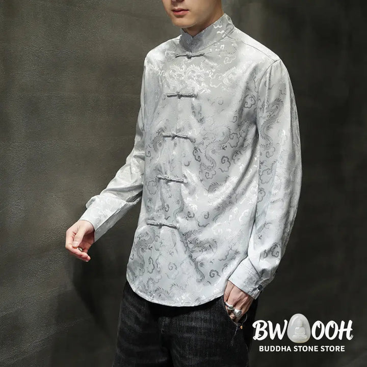 Buddha Stones Casual Dragon Pattern Frog-button Tang Suit Linen Men’s Jacket Shirt - Men’s Jacket Shirt