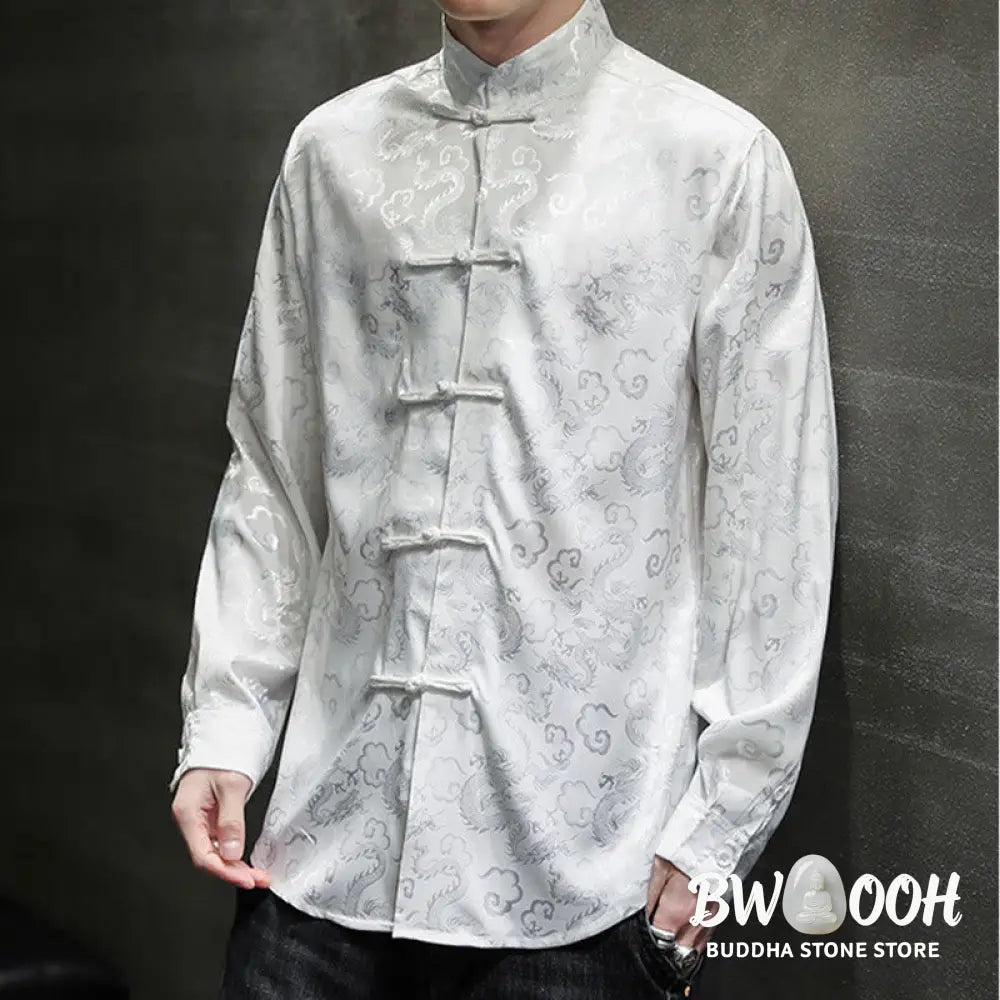 Buddha Stones Casual Dragon Pattern Frog-button Tang Suit Linen Men’s Jacket Shirt - Men’s Jacket Shirt