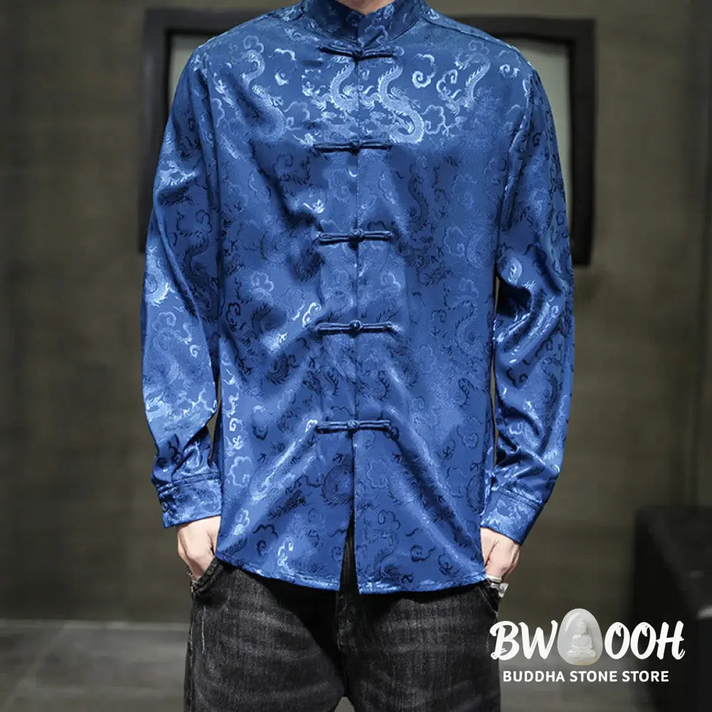 Buddha Stones Casual Dragon Pattern Frog-button Tang Suit Linen Men’s Jacket Shirt - Men’s Jacket Shirt