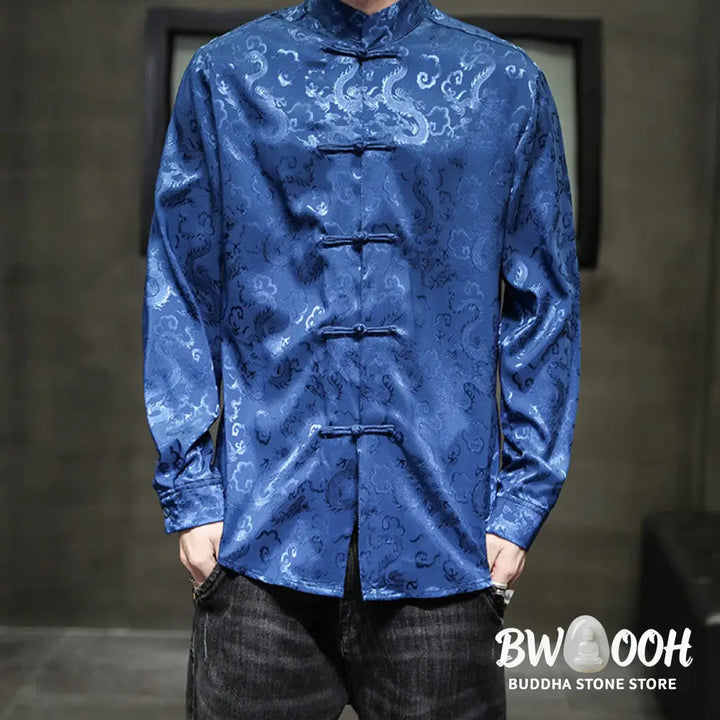 Buddha Stones Casual Dragon Pattern Frog-button Tang Suit Linen Men’s Jacket Shirt - Men’s Jacket Shirt
