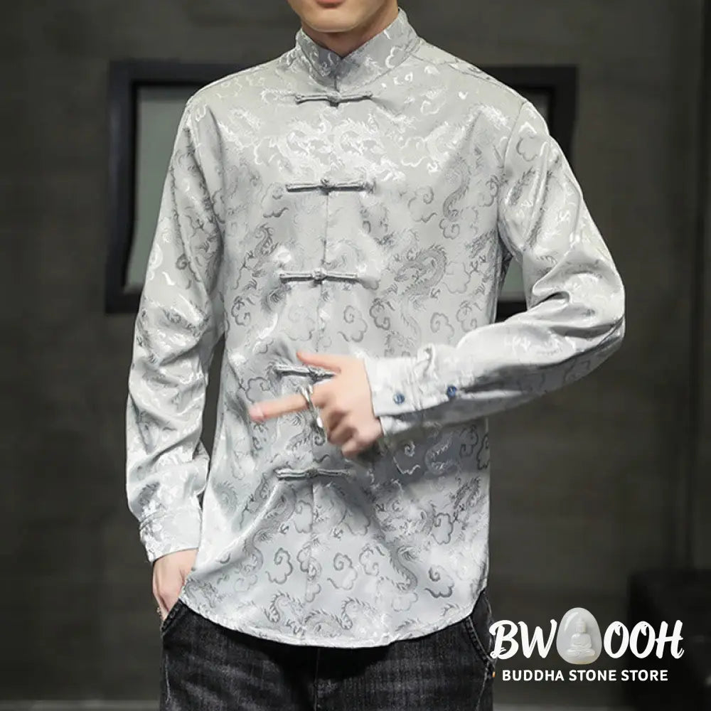 Buddha Stones Casual Dragon Pattern Frog-button Tang Suit Linen Men’s Jacket Shirt - Men’s Jacket Shirt