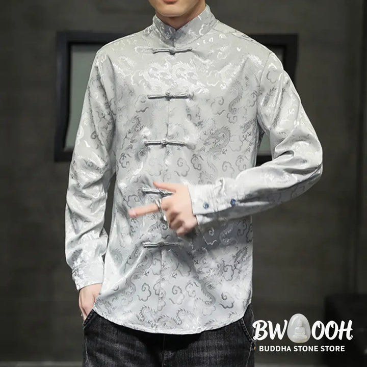 Buddha Stones Casual Dragon Pattern Frog-button Tang Suit Linen Men’s Jacket Shirt - Men’s Jacket Shirt
