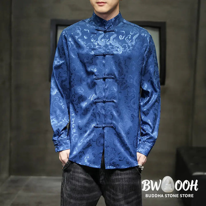 Buddha Stones Casual Dragon Pattern Frog-button Tang Suit Linen Men’s Jacket Shirt - Men’s Jacket Shirt