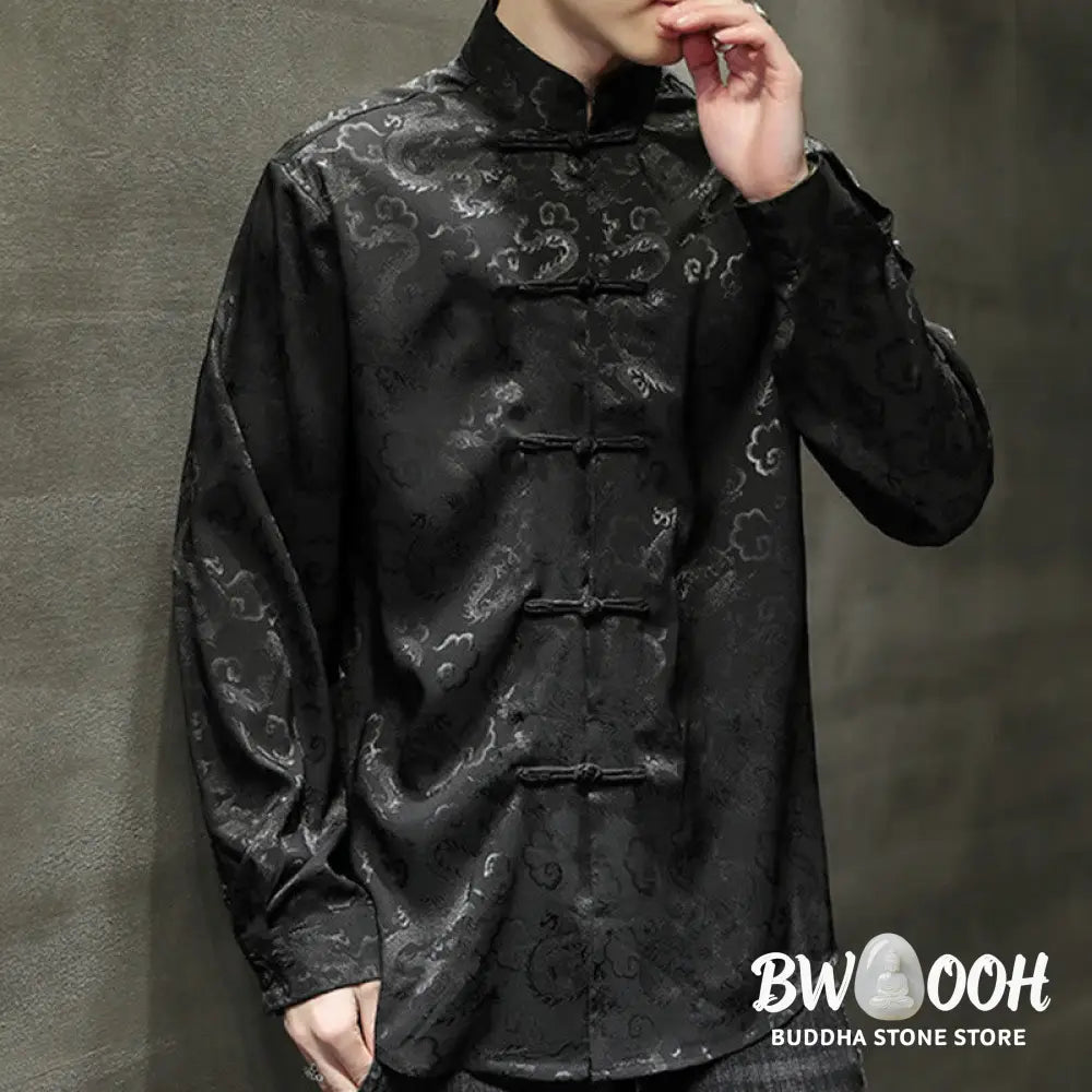 Buddha Stones Casual Dragon Pattern Frog-button Tang Suit Linen Men’s Jacket Shirt - Men’s Jacket Shirt
