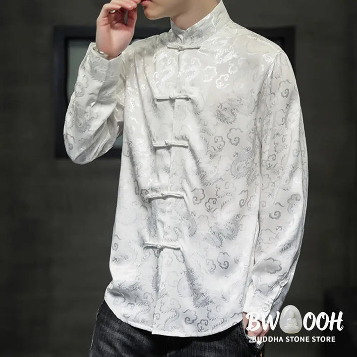 Buddha Stones Casual Dragon Pattern Frog-button Tang Suit Linen Men’s Jacket Shirt - Men’s Jacket Shirt