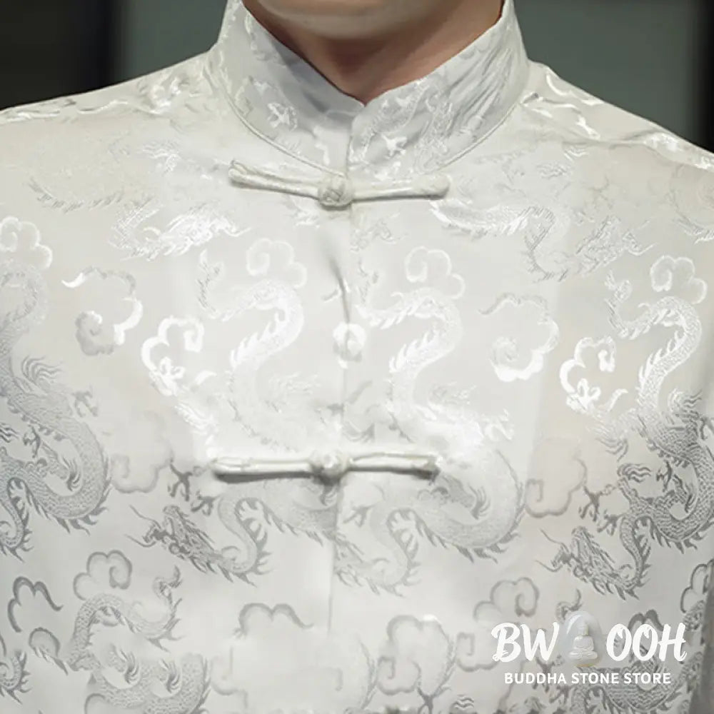 Buddha Stones Casual Dragon Pattern Frog-button Tang Suit Linen Men’s Jacket Shirt - Men’s Jacket Shirt
