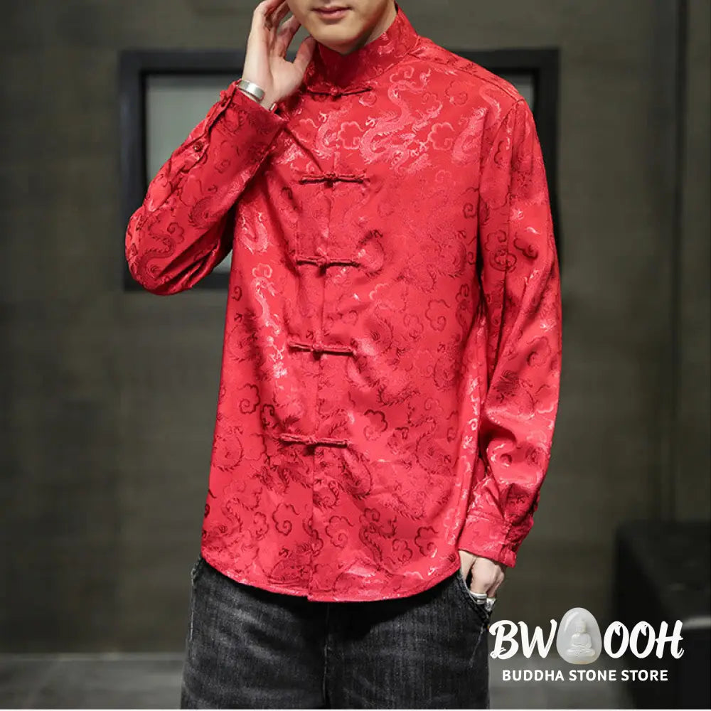 Buddha Stones Casual Dragon Pattern Frog-button Tang Suit Linen Men’s Jacket Shirt - Men’s Jacket Shirt