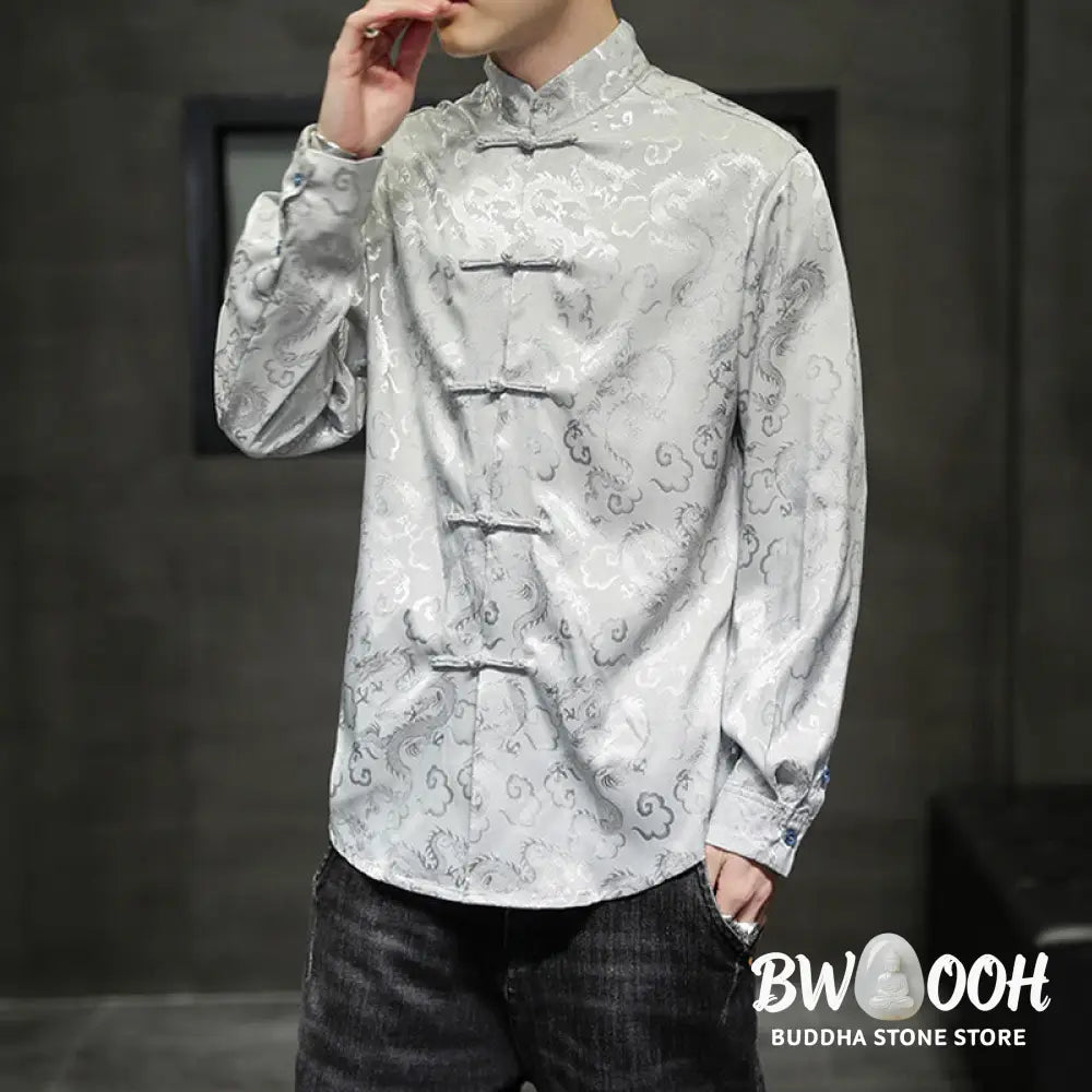 Buddha Stones Casual Dragon Pattern Frog-button Tang Suit Linen Men’s Jacket Shirt - Men’s Jacket Shirt