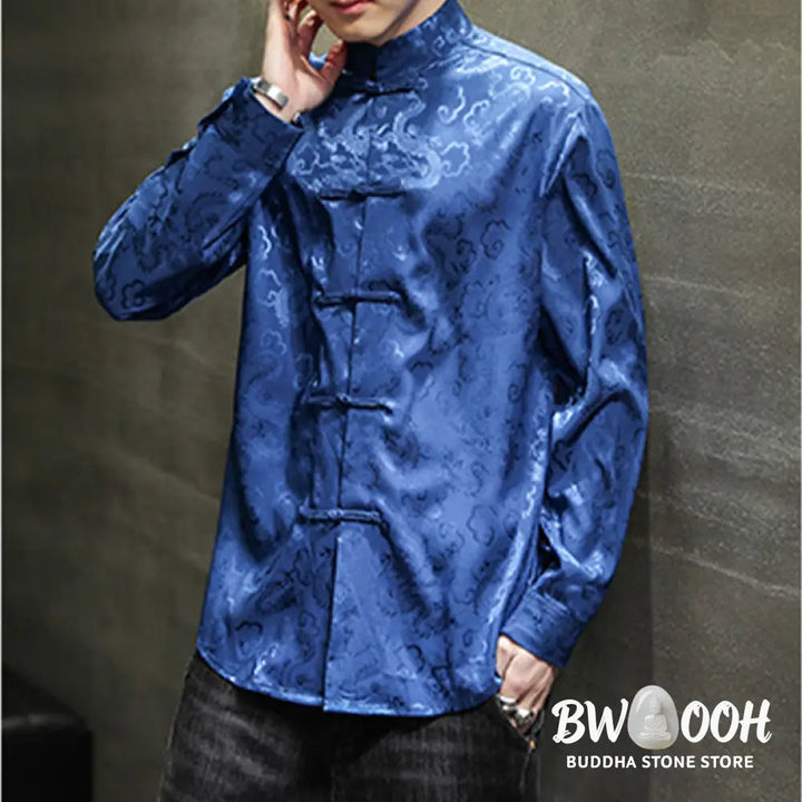 Buddha Stones Casual Dragon Pattern Frog-button Tang Suit Linen Men’s Jacket Shirt - Men’s Jacket Shirt