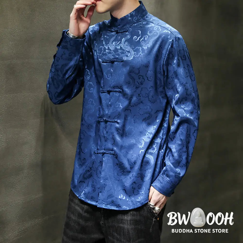 Buddha Stones Casual Dragon Pattern Frog-button Tang Suit Linen Men’s Jacket Shirt - Men’s Jacket Shirt