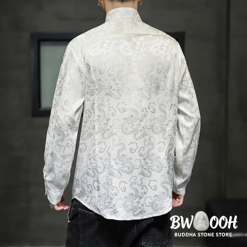 Buddha Stones Casual Dragon Pattern Frog-button Tang Suit Linen Men’s Jacket Shirt - Men’s Jacket Shirt