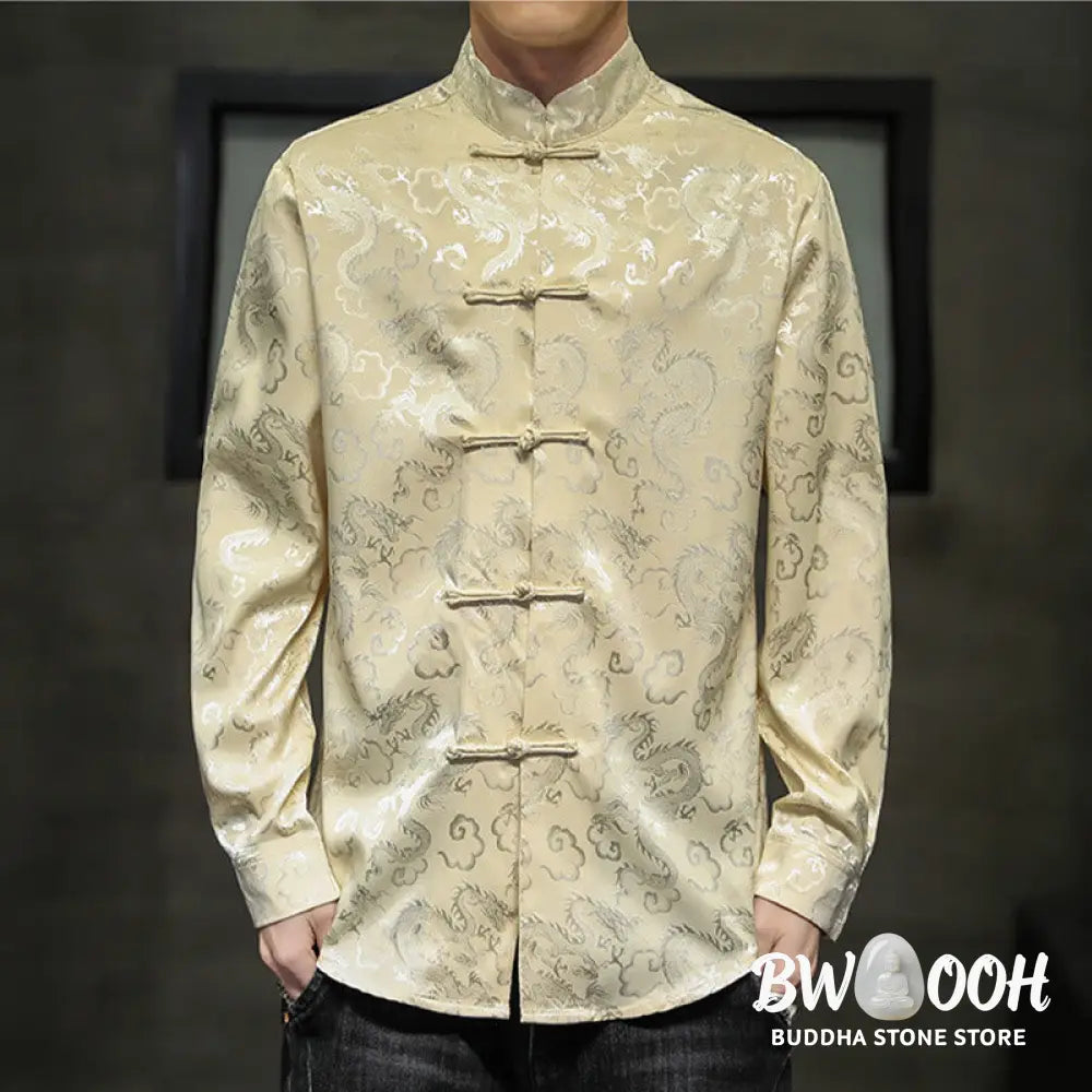 Buddha Stones Casual Dragon Pattern Frog-button Tang Suit Linen Men’s Jacket Shirt - Men’s Jacket Shirt