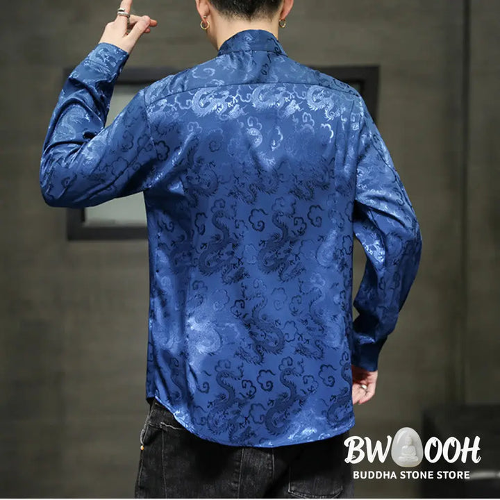 Buddha Stones Casual Dragon Pattern Frog-button Tang Suit Linen Men’s Jacket Shirt - Men’s Jacket Shirt