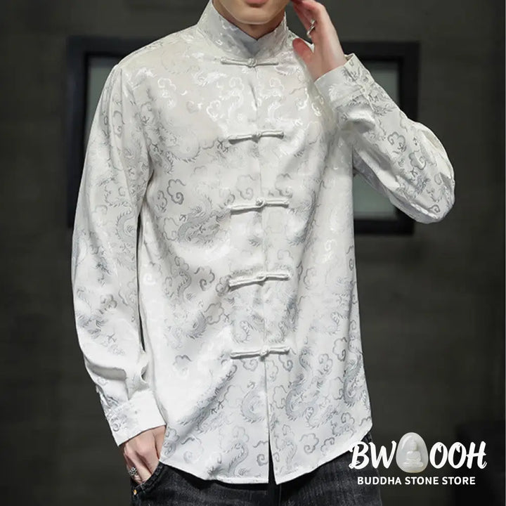 Buddha Stones Casual Dragon Pattern Frog-button Tang Suit Linen Men’s Jacket Shirt - Men’s Jacket Shirt
