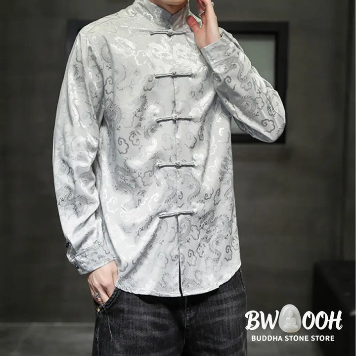 Buddha Stones Casual Dragon Pattern Frog-button Tang Suit Linen Men’s Jacket Shirt - Men’s Jacket Shirt