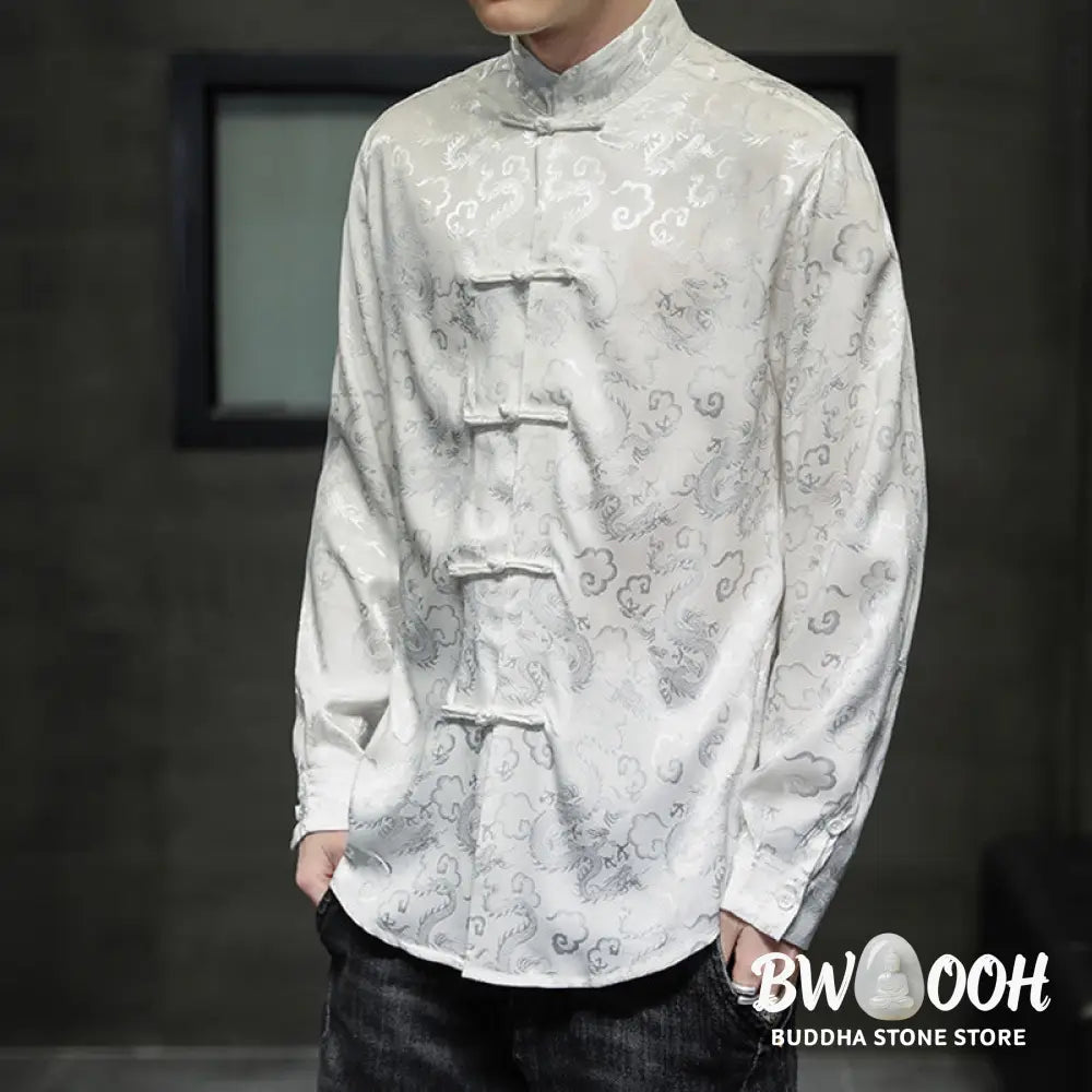 Buddha Stones Casual Dragon Pattern Frog-button Tang Suit Linen Men’s Jacket Shirt - Men’s Jacket Shirt