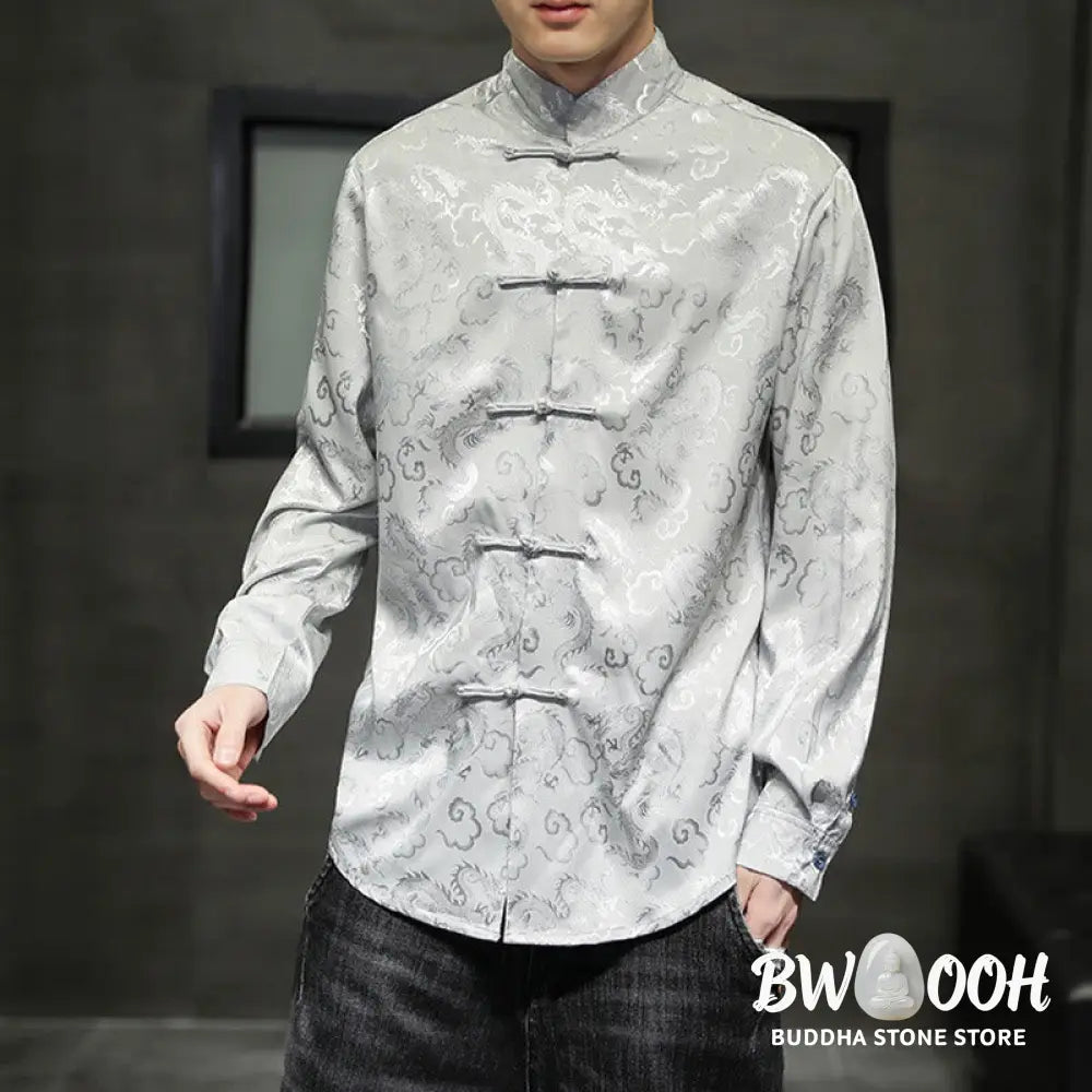 Buddha Stones Casual Dragon Pattern Frog-button Tang Suit Linen Men’s Jacket Shirt - Men’s Jacket Shirt