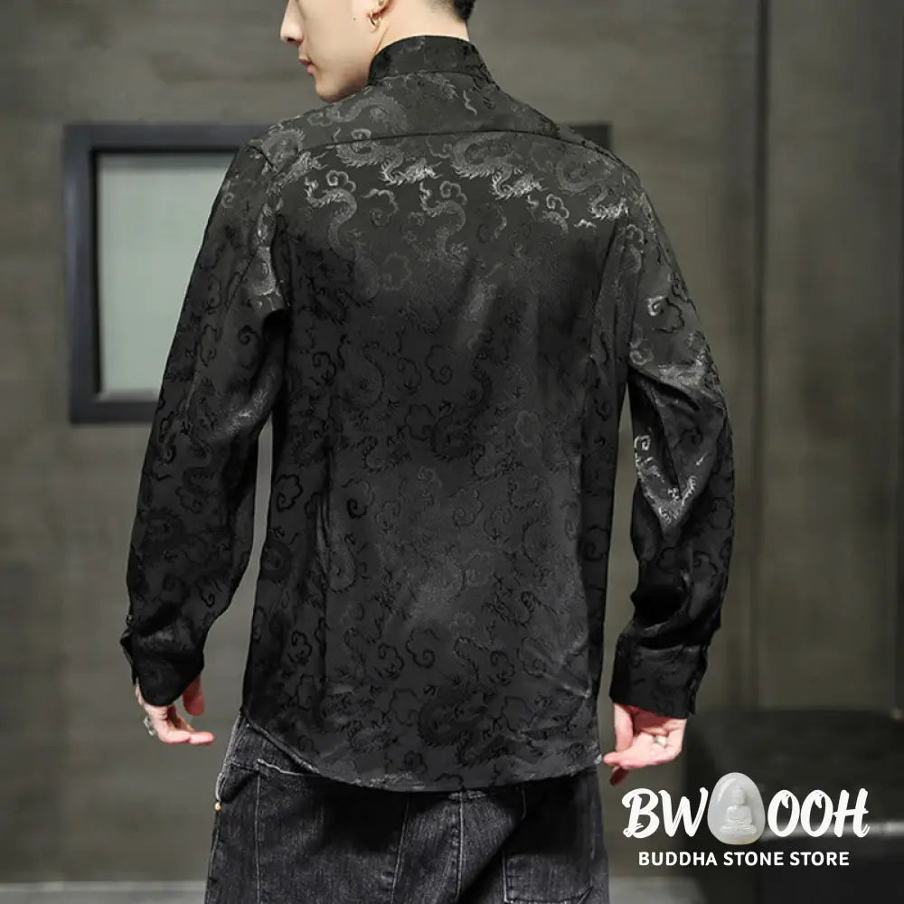 Buddha Stones Casual Dragon Pattern Frog-button Tang Suit Linen Men’s Jacket Shirt - Men’s Jacket Shirt