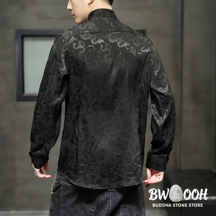 Buddha Stones Casual Dragon Pattern Frog-button Tang Suit Linen Men’s Jacket Shirt - Men’s Jacket Shirt