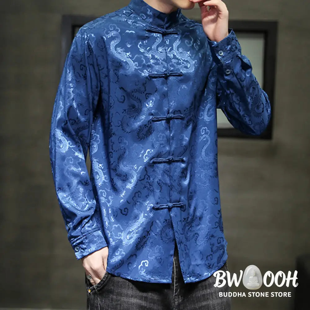 Buddha Stones Casual Dragon Pattern Frog-button Tang Suit Linen Men’s Jacket Shirt - Men’s Jacket Shirt
