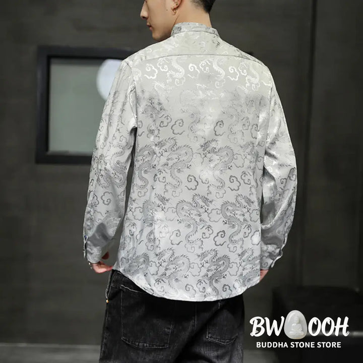 Buddha Stones Casual Dragon Pattern Frog-button Tang Suit Linen Men’s Jacket Shirt - Men’s Jacket Shirt