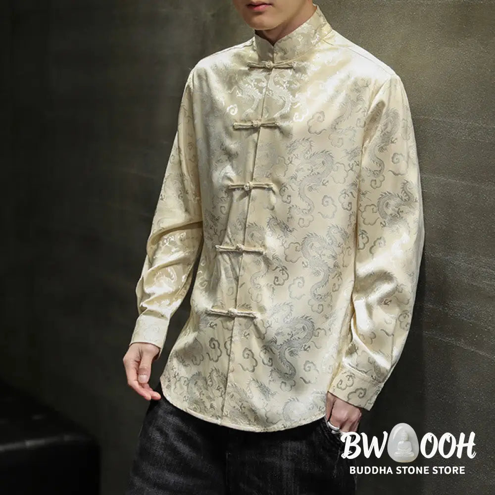 Buddha Stones Casual Dragon Pattern Frog-button Tang Suit Linen Men’s Jacket Shirt - Men’s Jacket Shirt