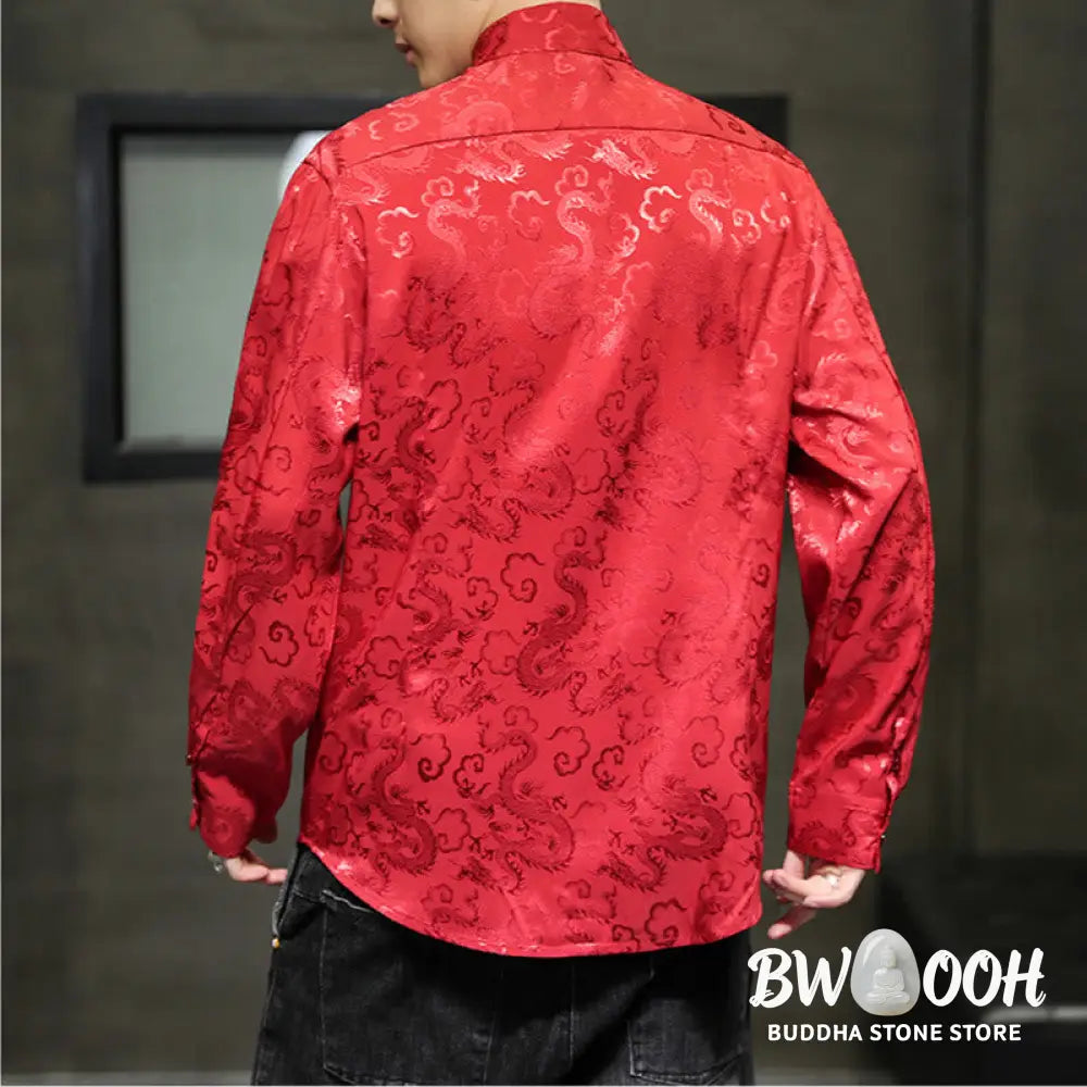 Buddha Stones Casual Dragon Pattern Frog-button Tang Suit Linen Men’s Jacket Shirt - Men’s Jacket Shirt