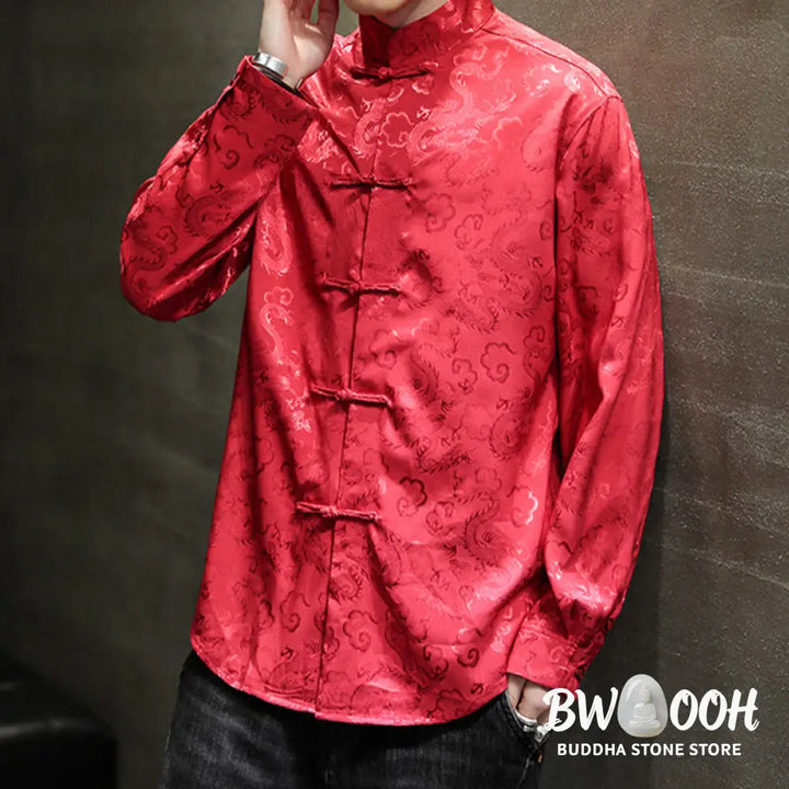 Buddha Stones Casual Dragon Pattern Frog-button Tang Suit Linen Men’s Jacket Shirt - Men’s Jacket Shirt