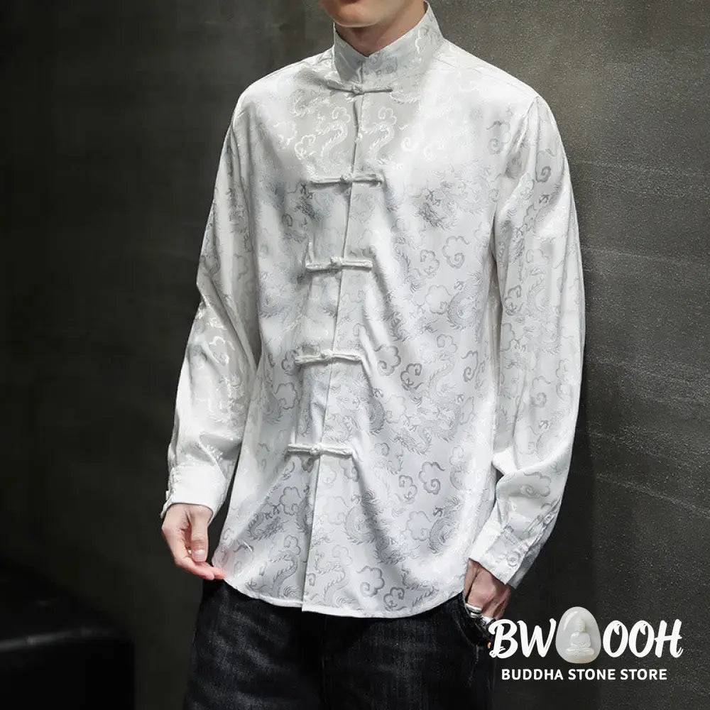 Buddha Stones Casual Dragon Pattern Frog-button Tang Suit Linen Men’s Jacket Shirt - Men’s Jacket Shirt