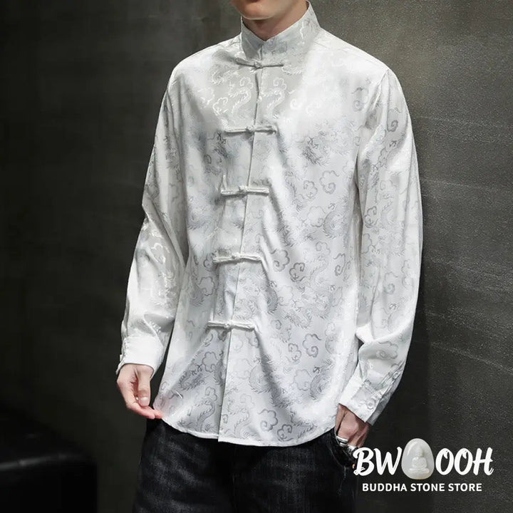 Buddha Stones Casual Dragon Pattern Frog-button Tang Suit Linen Men’s Jacket Shirt - Men’s Jacket Shirt