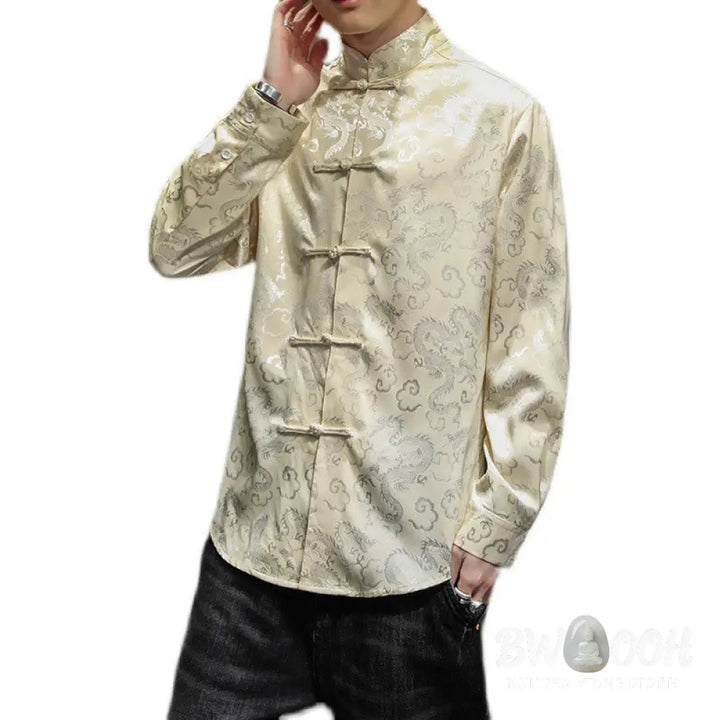 Buddha Stones Casual Dragon Pattern Frog-button Tang Suit Linen Men’s Jacket Shirt - Men’s Jacket Shirt