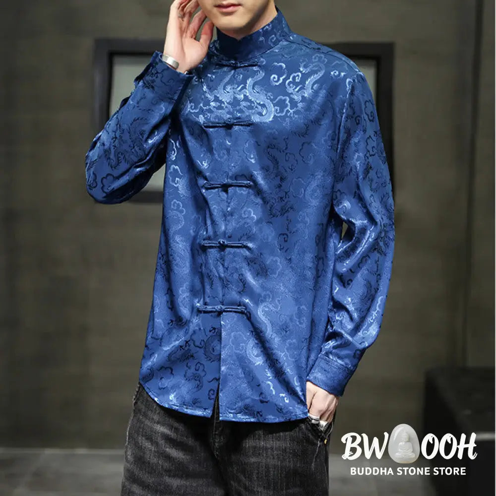 Buddha Stones Casual Dragon Pattern Frog-button Tang Suit Linen Men’s Jacket Shirt - Men’s Jacket Shirt