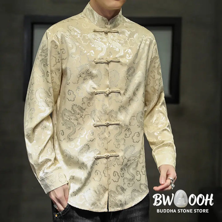 Buddha Stones Casual Dragon Pattern Frog-button Tang Suit Linen Men’s Jacket Shirt - Men’s Jacket Shirt