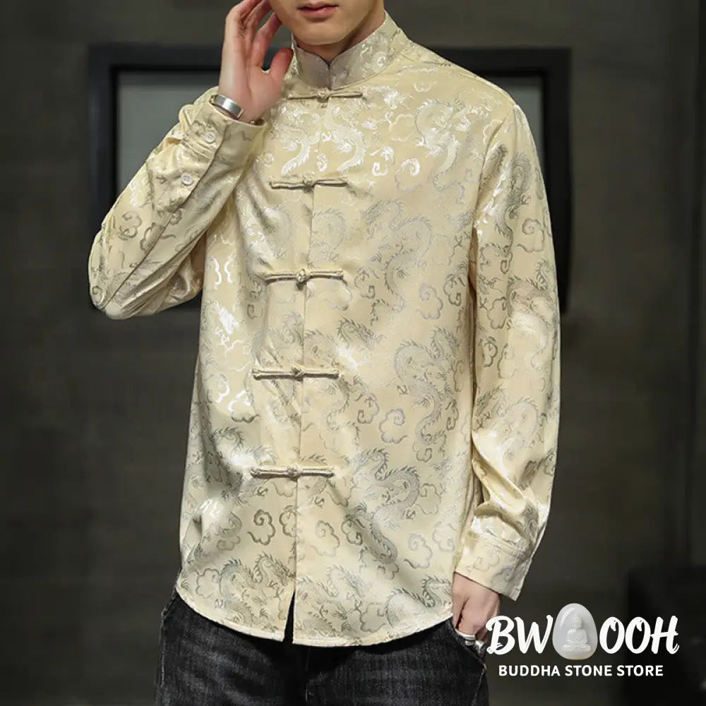 Buddha Stones Casual Dragon Pattern Frog-button Tang Suit Linen Men’s Jacket Shirt - Men’s Jacket Shirt