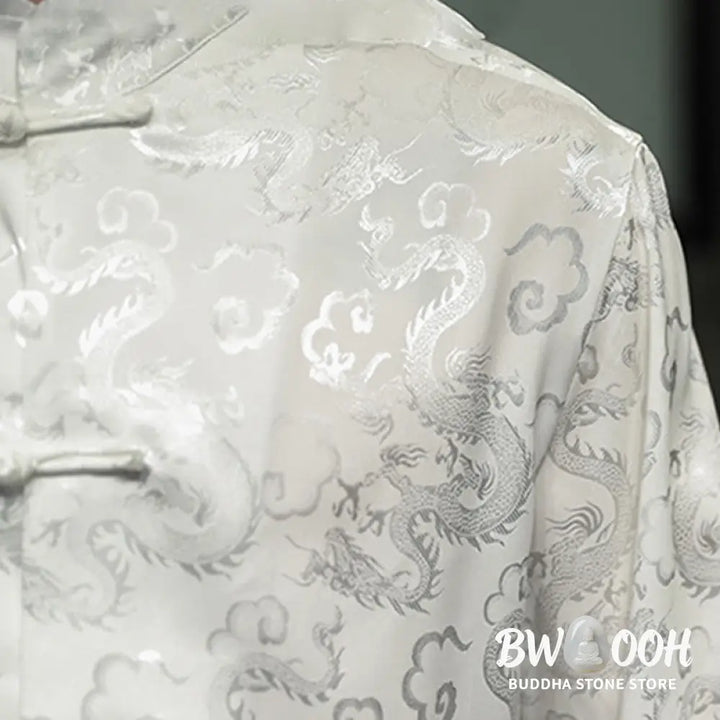 Buddha Stones Casual Dragon Pattern Frog-button Tang Suit Linen Men’s Jacket Shirt - Men’s Jacket Shirt