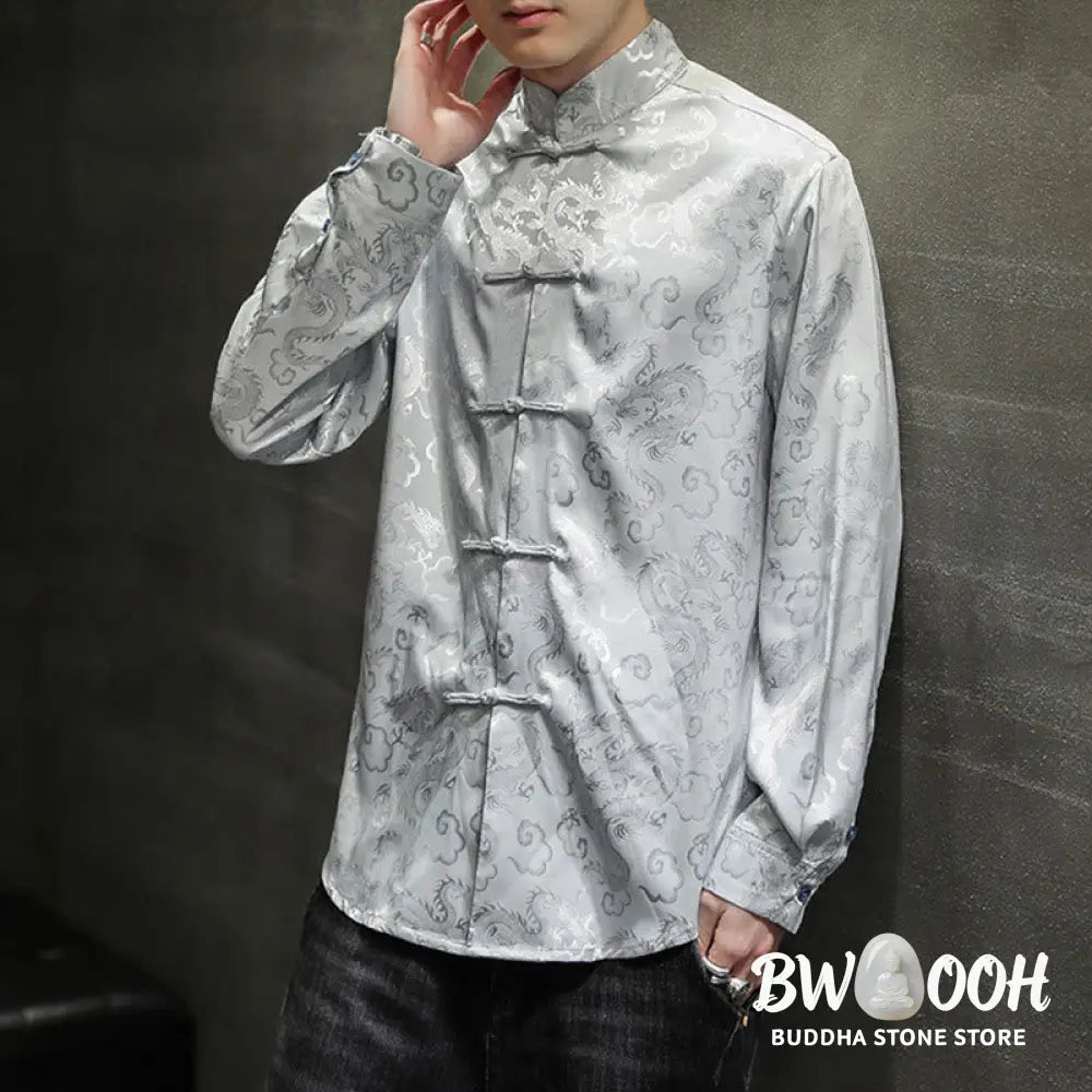 Buddha Stones Casual Dragon Pattern Frog-button Tang Suit Linen Men’s Jacket Shirt - Men’s Jacket Shirt