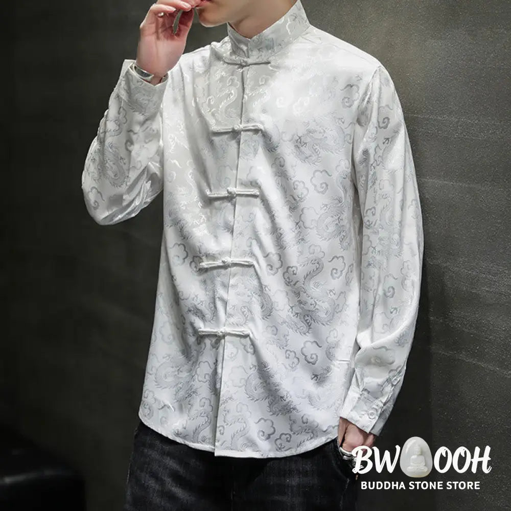 Buddha Stones Casual Dragon Pattern Frog-button Tang Suit Linen Men’s Jacket Shirt - Men’s Jacket Shirt