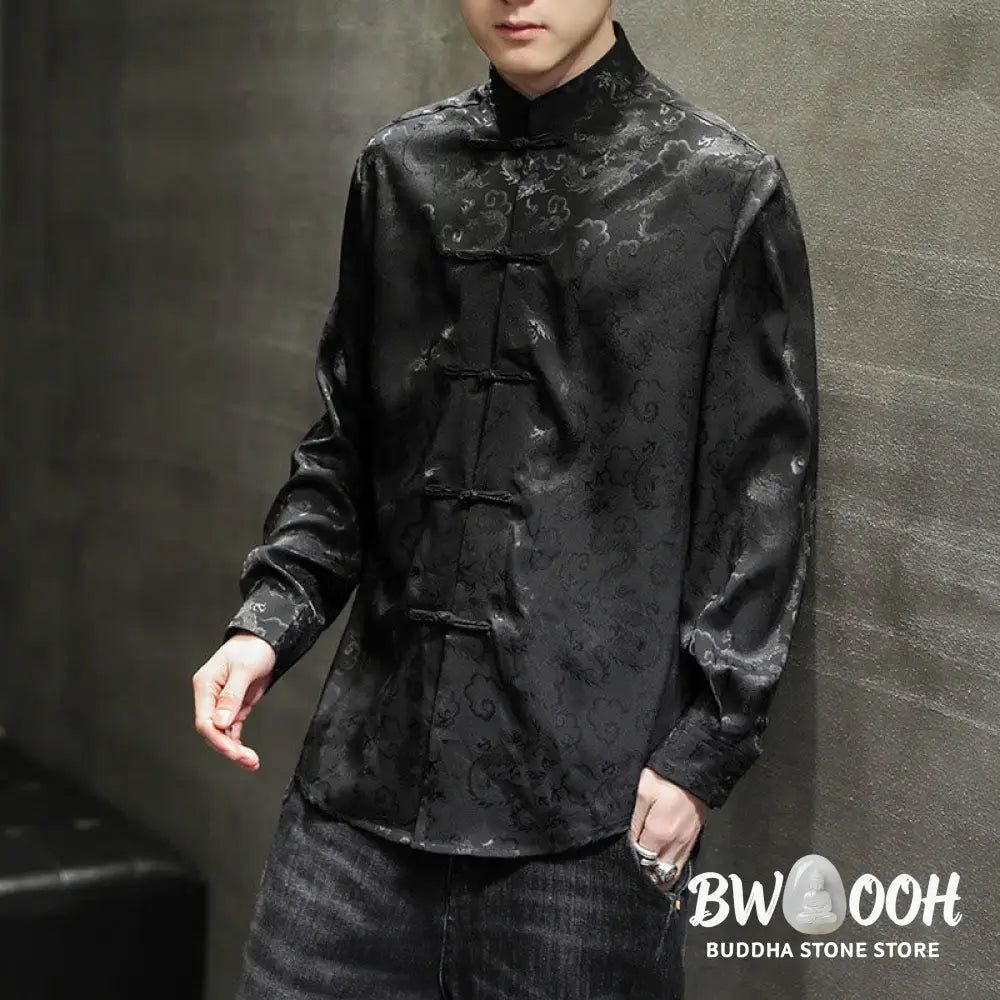 Buddha Stones Casual Dragon Pattern Frog-button Tang Suit Linen Men’s Jacket Shirt - Men’s Jacket Shirt