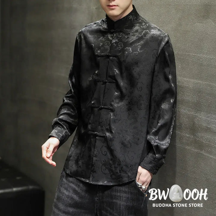 Buddha Stones Casual Dragon Pattern Frog-button Tang Suit Linen Men’s Jacket Shirt - Men’s Jacket Shirt