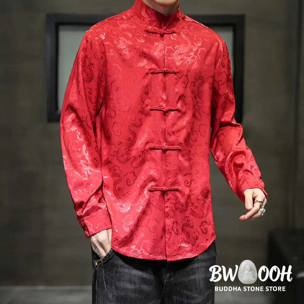 Buddha Stones Casual Dragon Pattern Frog-button Tang Suit Linen Men’s Jacket Shirt - Men’s Jacket Shirt