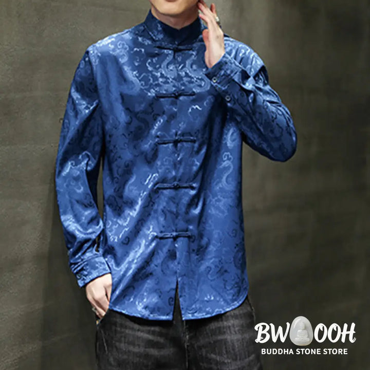 Buddha Stones Casual Dragon Pattern Frog-button Tang Suit Linen Men’s Jacket Shirt - Men’s Jacket Shirt