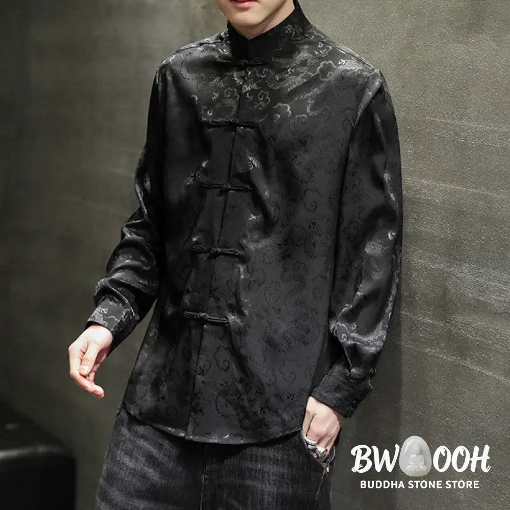 Buddha Stones Casual Dragon Pattern Frog-button Tang Suit Linen Men’s Jacket Shirt - Men’s Jacket Shirt