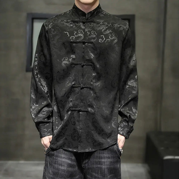 Buddha Stones Casual Dragon Pattern Frog-button Tang Suit Linen Men’s Jacket Shirt - Black / US/UK/AU36，EU46 (L)