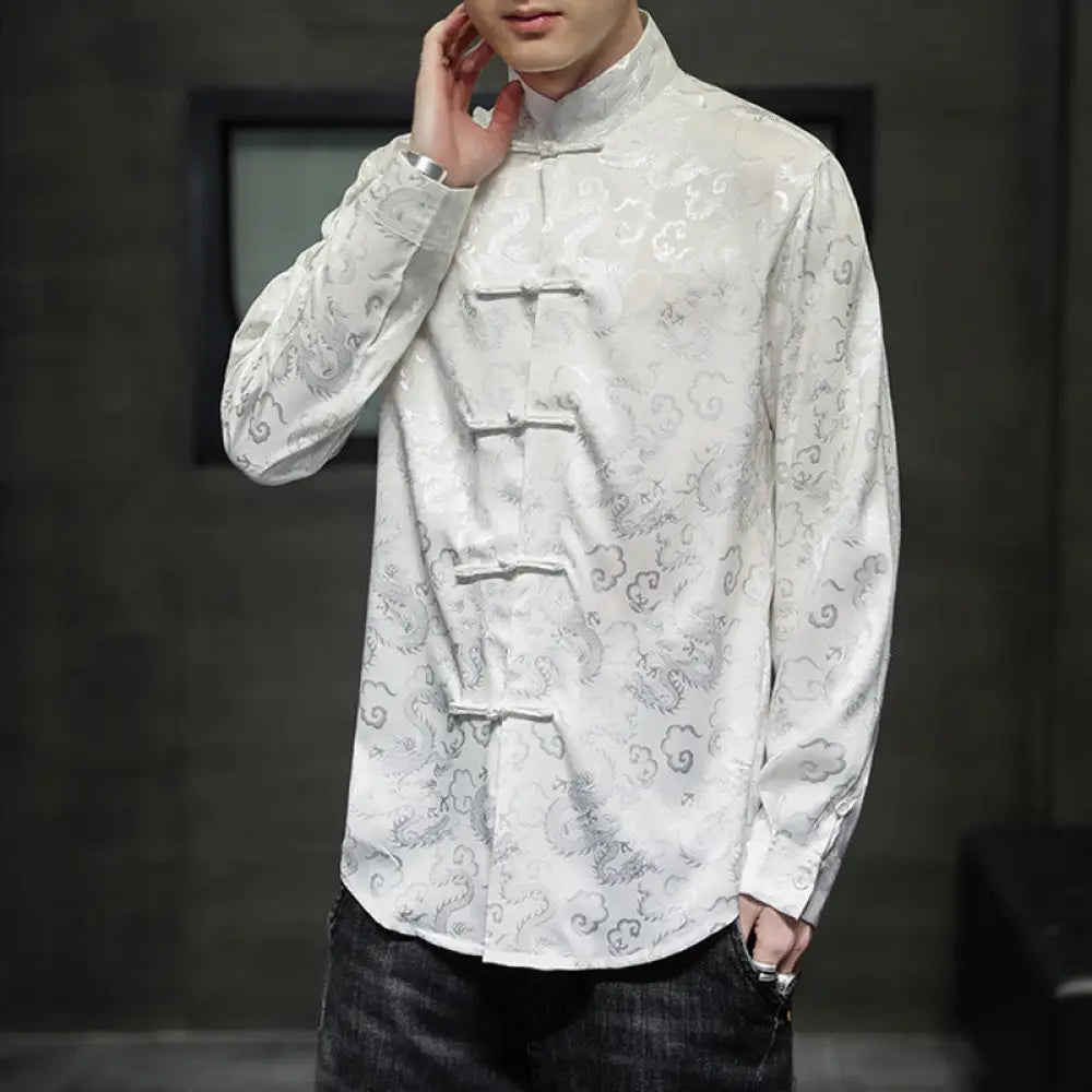 Buddha Stones Casual Dragon Pattern Frog-button Tang Suit Linen Men’s Jacket Shirt - GhostWhite / US/UK/AU36，EU46 (L)