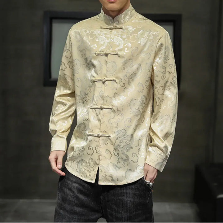 Buddha Stones Casual Dragon Pattern Frog-button Tang Suit Linen Men’s Jacket Shirt - Khaki / US/UK/AU36，EU46 (L)