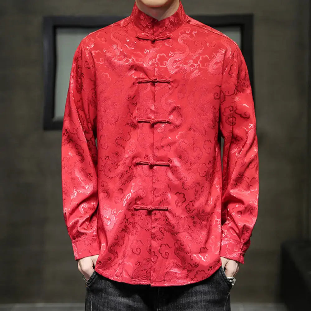 Buddha Stones Casual Dragon Pattern Frog-button Tang Suit Linen Men’s Jacket Shirt - Red / US/UK/AU36，EU46 (L) - Men’s