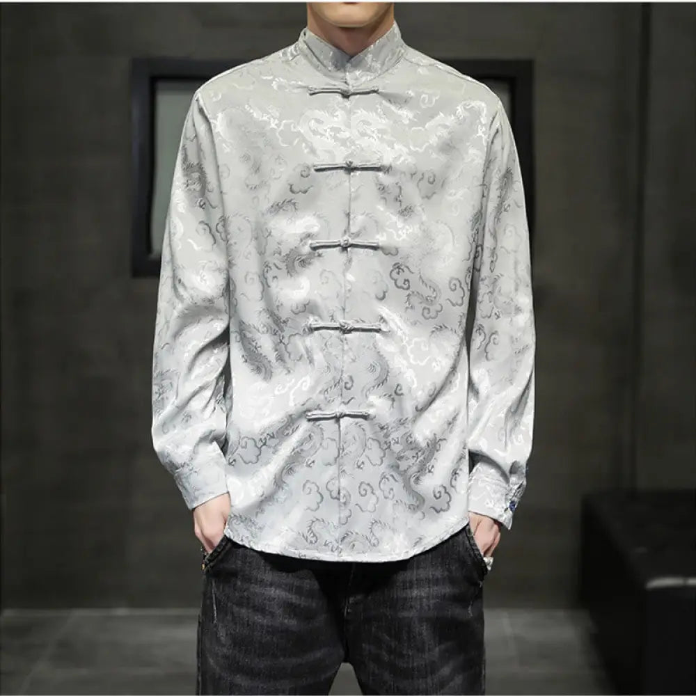 Buddha Stones Casual Dragon Pattern Frog-button Tang Suit Linen Men’s Jacket Shirt - Silver / US/UK/AU36，EU46 (L)