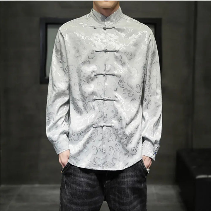 Buddha Stones Casual Dragon Pattern Frog-button Tang Suit Linen Men’s Jacket Shirt - Silver / US/UK/AU36，EU46 (L)