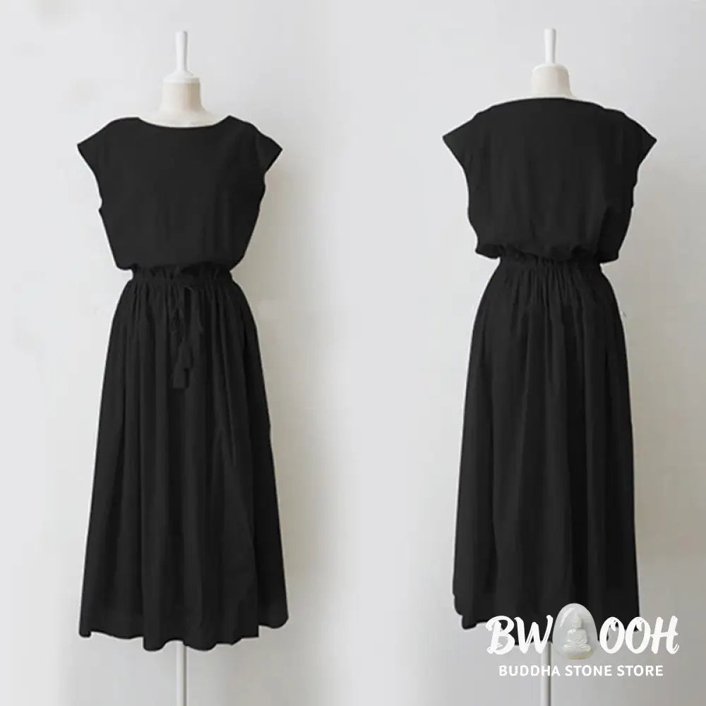 Buddha Stones Casual Eastic Waist Drawstring Design Short Sleeve Cotton Linen Midi Dress - Midi Dress