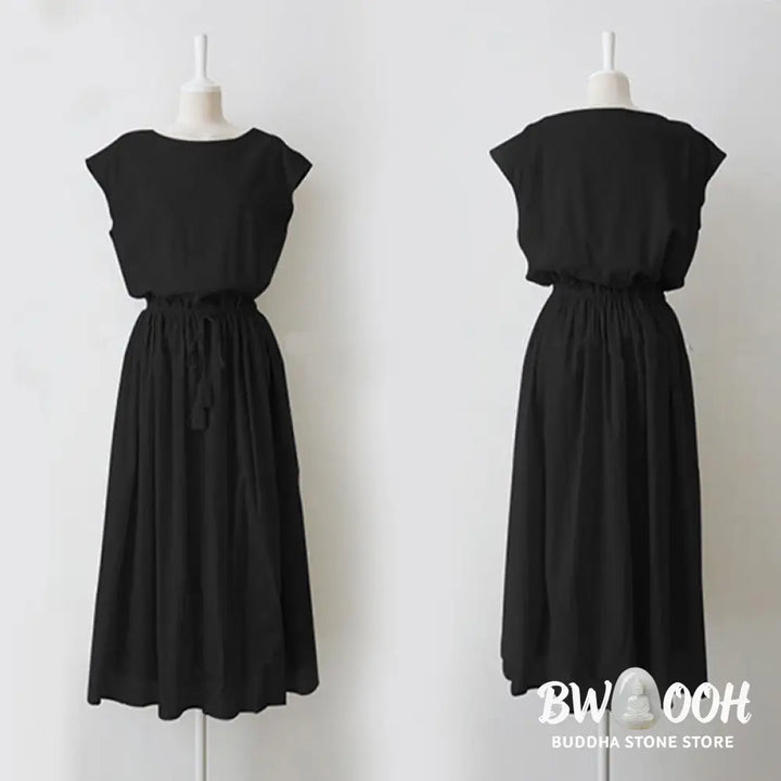 Buddha Stones Casual Eastic Waist Drawstring Design Short Sleeve Cotton Linen Midi Dress - Midi Dress